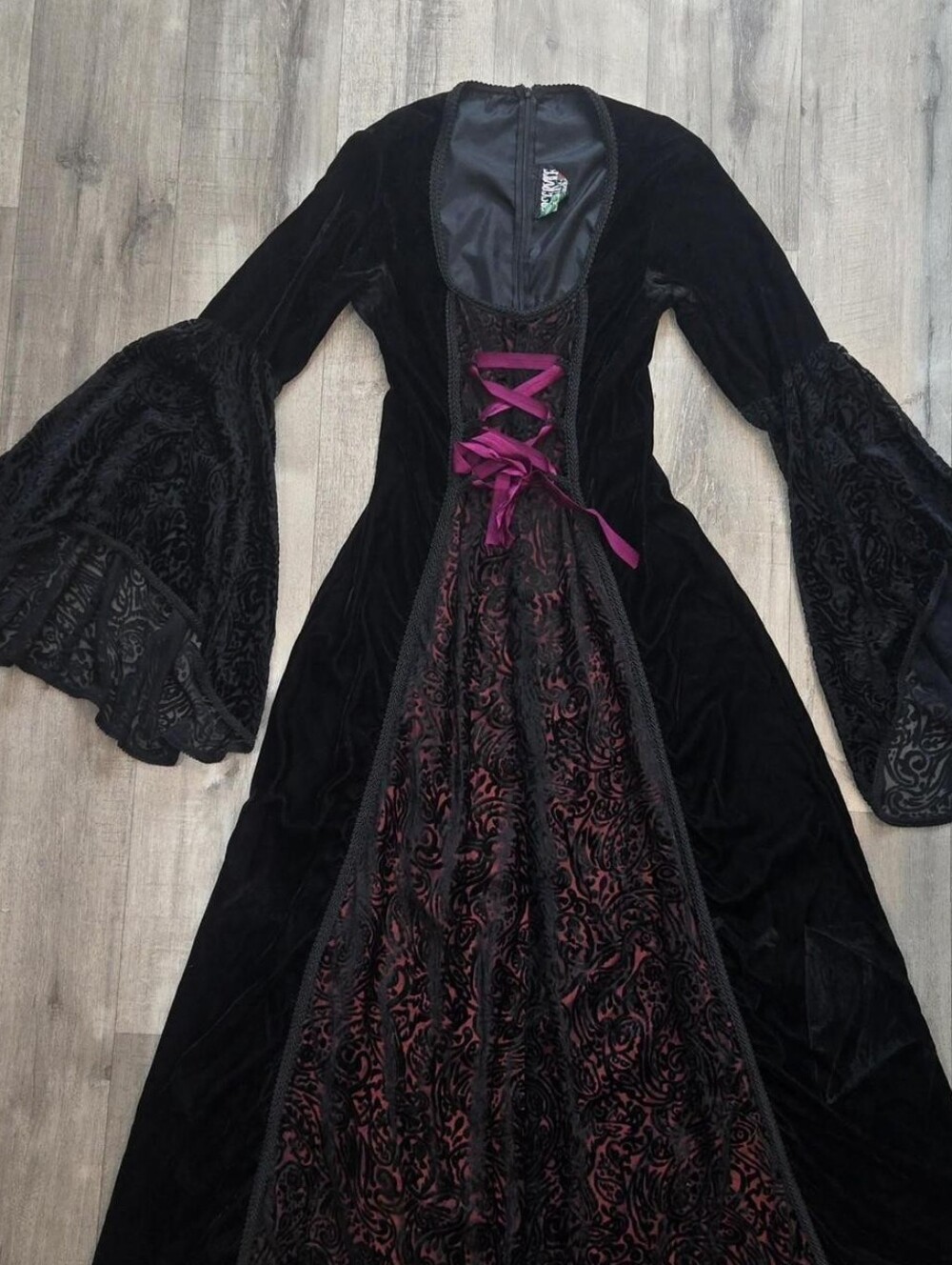 Vintage Lip Service Black & Red Velvet Maxi Dress With Bell Sleeves